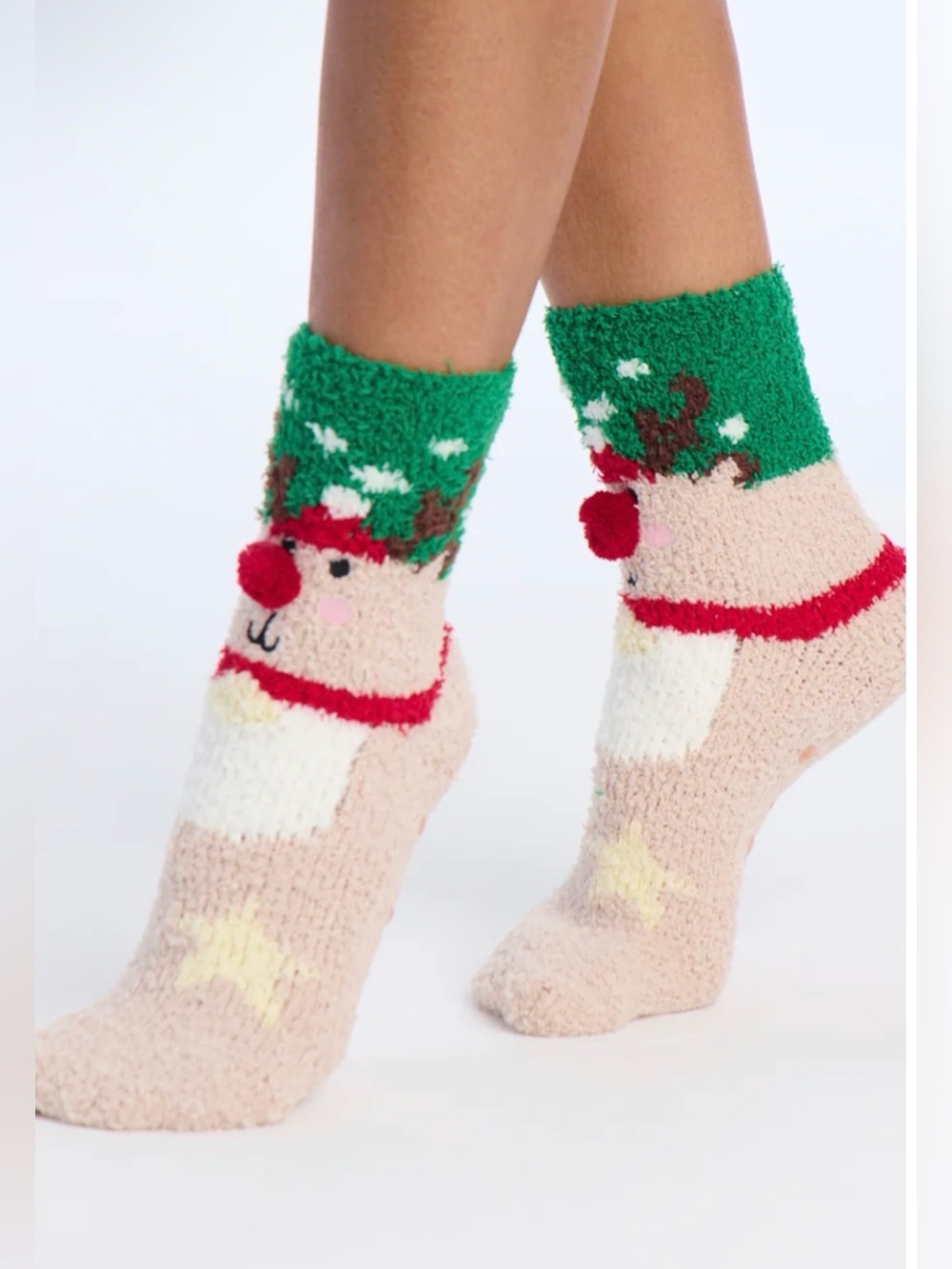 Festive Reindeer Fuzzy Socks - Green & Cream